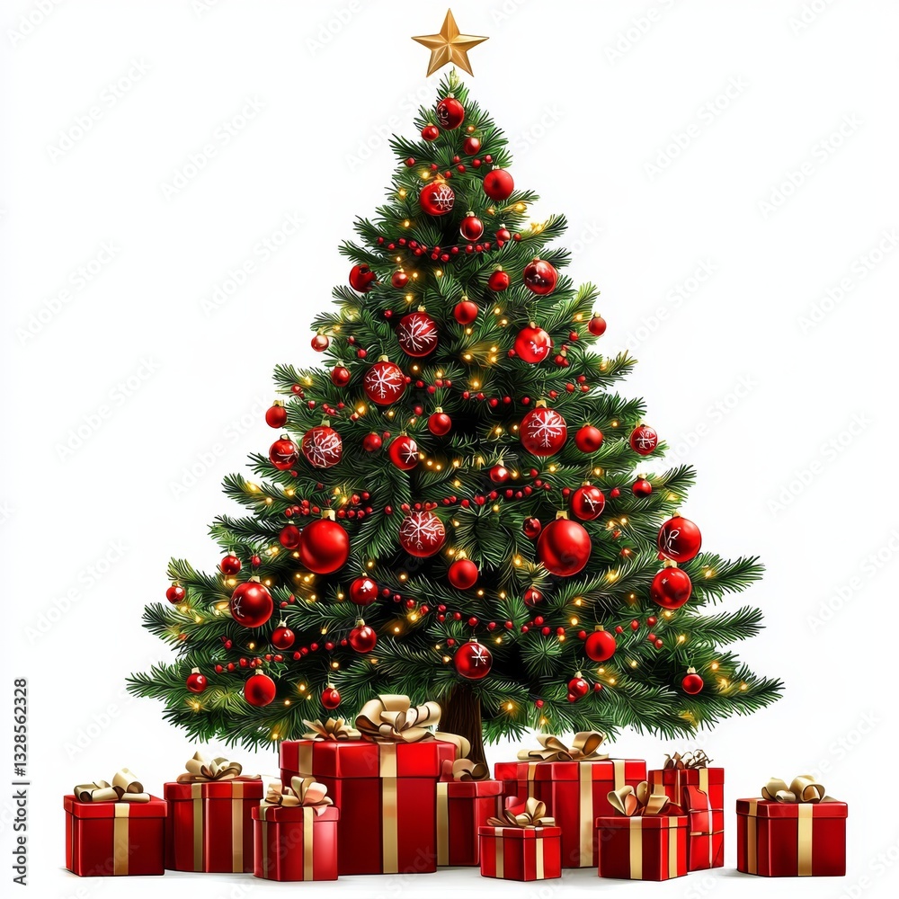Christmas Tree with Red Ornaments and Gift Boxes Decorated for the Holiday Season Christmas Tree with Red Ornaments and Gift Boxes Decorated for the Holiday Season