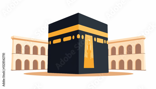 Illustration of the Kaaba against a beige architectural backdrop