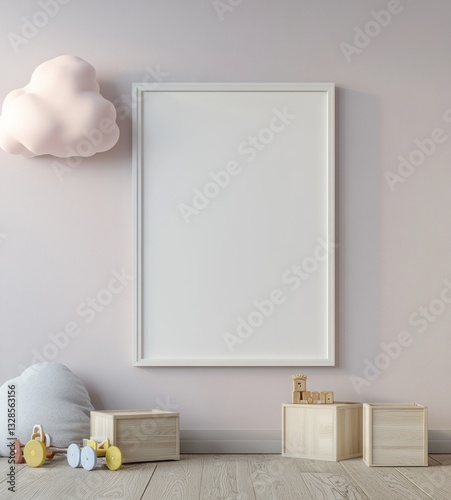 Mockup of a blank poster in a pastel children's room with toys and decor.