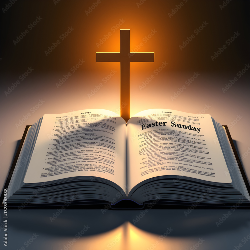 Illustration of an open Bible with a radiant glowing cross positioned above it, beautifully symbolizing the significance of Easter Sunday Illustration of an open Bible with a radiant glowing cross positioned above it, beautifully symbolizing the significance of Easter Sunday