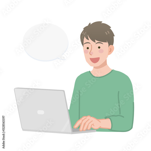 パソコンに向かって話す男性