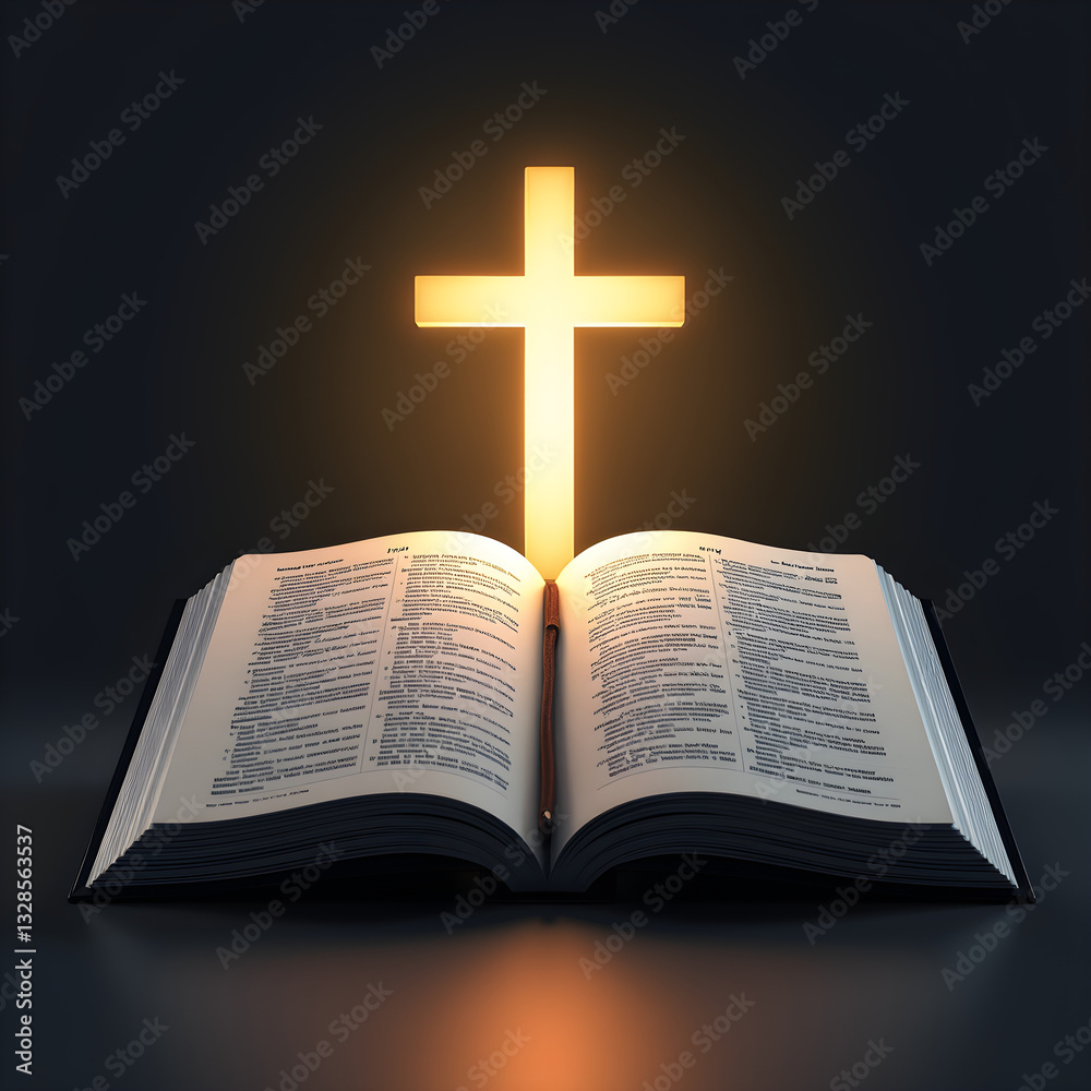 Illustration of an open Bible with a radiant glowing cross positioned above it, beautifully symbolizing the significance of Easter Sunday Illustration of an open Bible with a radiant glowing cross positioned above it, beautifully symbolizing the significance of Easter Sunday