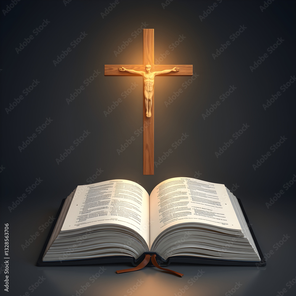 Illustration of an open Bible with a radiant glowing cross positioned above it, beautifully symbolizing the significance of Easter Sunday Illustration of an open Bible with a radiant glowing cross positioned above it, beautifully symbolizing the significance of Easter Sunday