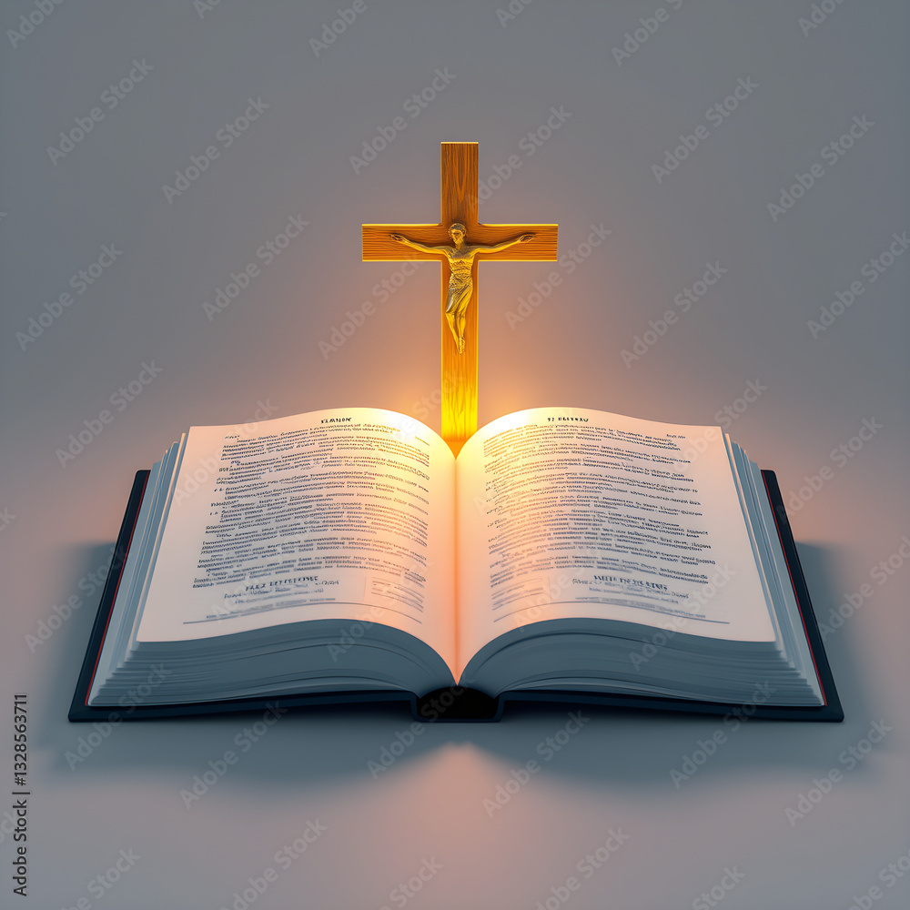 Illustration of an open Bible with a radiant glowing cross positioned above it, beautifully symbolizing the significance of Easter Sunday Illustration of an open Bible with a radiant glowing cross positioned above it, beautifully symbolizing the significance of Easter Sunday