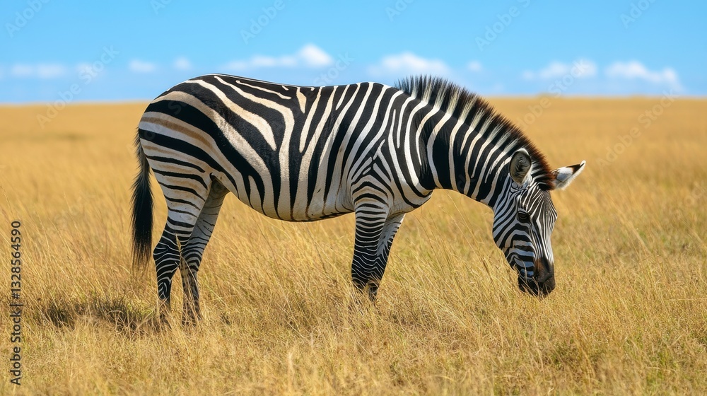 Fototapeta premium A zebra grazes peacefully in a golden grassland under a clear blue sky, showcasing its distinctive black and white stripes.
