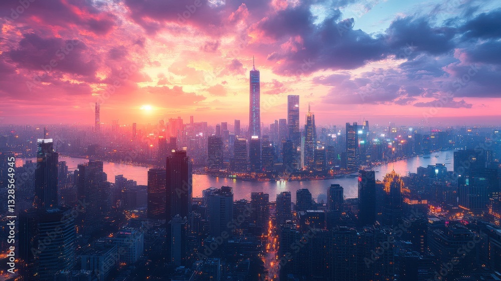 Fototapeta premium A breathtaking sunset over a vibrant city skyline, reflecting colors on the water, showcasing towering buildings against a dramatic sky.