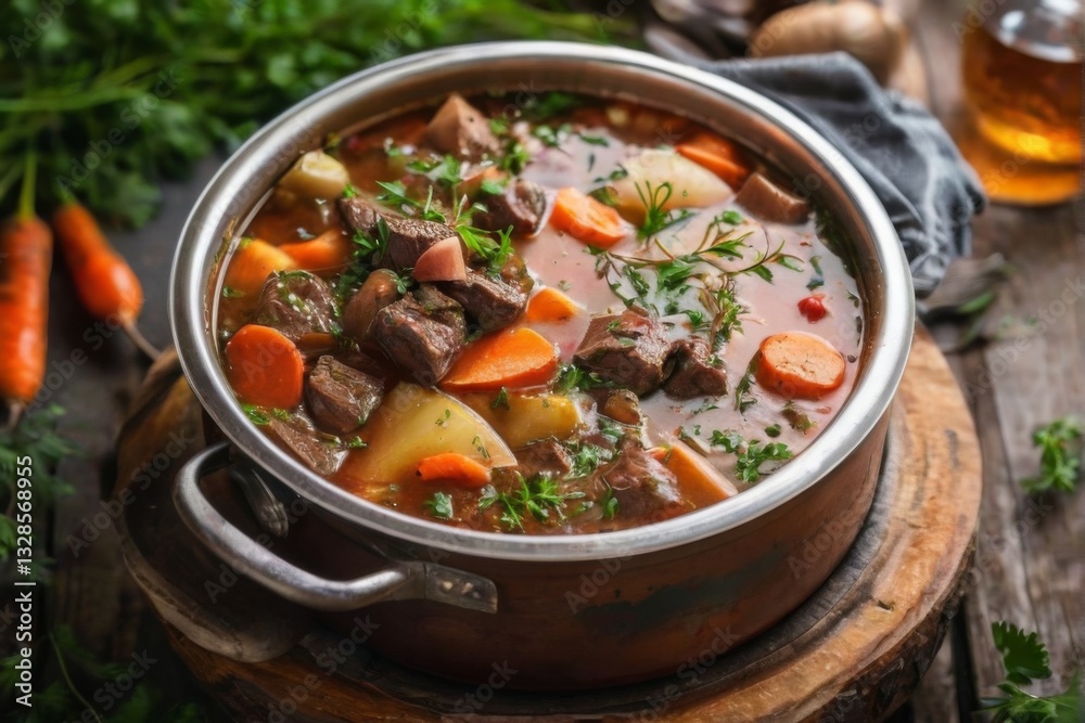 Rich beef stew with vegetables in stainless steel pot on wooden table with herbs and spices, chili peppers and whiskey.