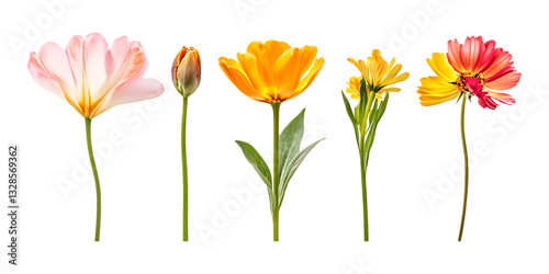 Pack Flower Set in Different Poses Against Transparent Background for Botanical Design, Floral Illustrations, or Nature Concepts
