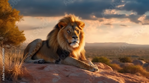 Majestic lion resting on a rock at sunset (1)