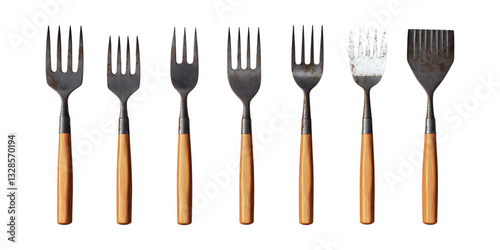Pack Gardening Fork Set in Different Poses Against Transparent Background for Farming, Horticulture, or Tool Branding photo