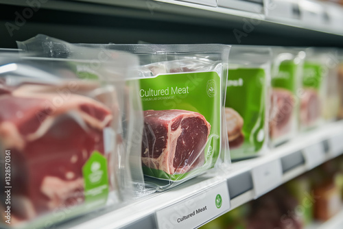 Lab grown meat. Cultured meat in vacuum sealed packaging on a supermarket shelf. 
