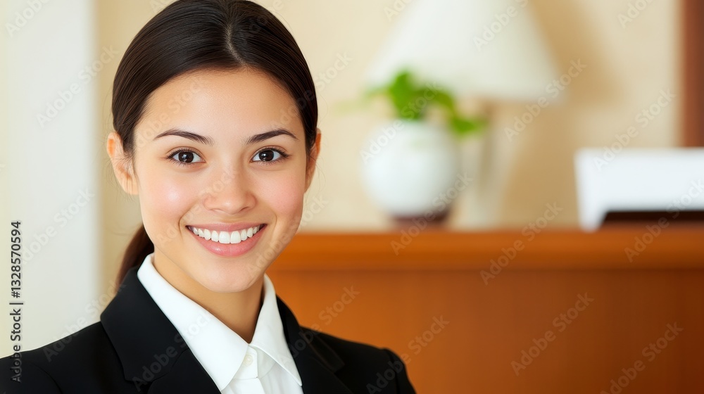 Confident Businesswoman Smiling in Professional Attire at Modern Office Environment with Warm Lighting Confident Businesswoman Smiling in Professional Attire at Modern Office Environment with Warm Lighting