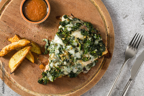 Top view of spinach pizza argentina on grey stone table photo