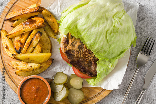Obraz na plátne Lettuce wrapped hamburger, low carb burger with salad