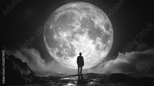 Silhouette of person gazing at giant moon on a cloudy night