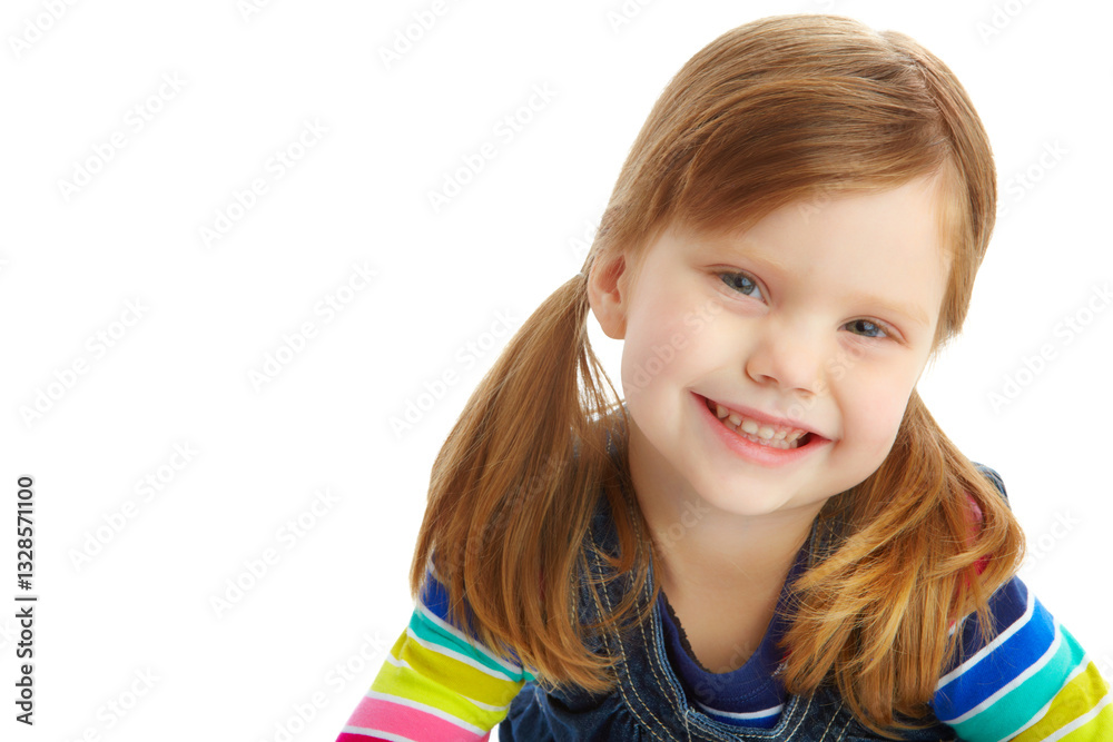 Portrait, child and smile in studio for fashion, stylish and growth for kindergarten with mockup space. Happy, girl and student with confidence for casual clothes, school and cool by white background Portrait, child and smile in studio for fashion, stylish and growth for kindergarten with mockup space. Happy, girl and student with confidence for casual clothes, school and cool by white background