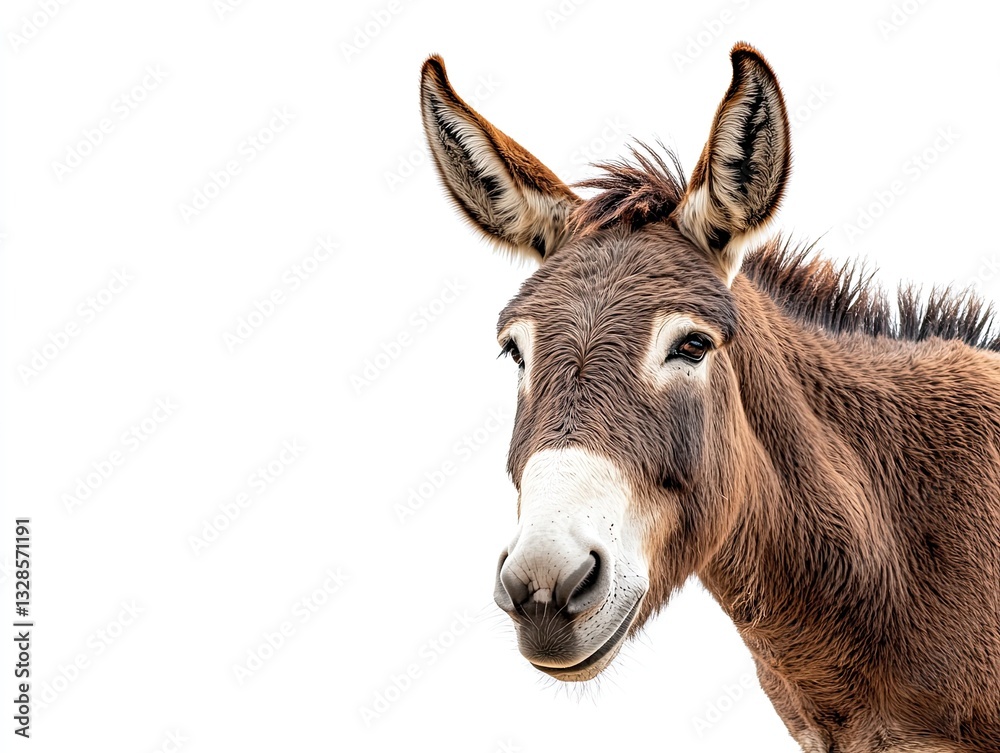 Intimate portrait of a brown donkey against a clean white backdrop Intimate portrait of a brown donkey against a clean white backdrop