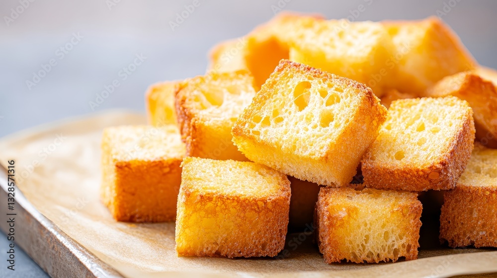 Delicious Golden Croutons Stacked on a Wooden Serving Board for Culinary Presentation and Recipe Inspirations Delicious Golden Croutons Stacked on a Wooden Serving Board for Culinary Presentation and Recipe Inspirations