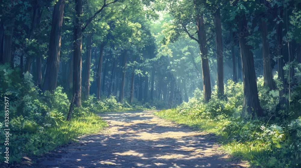 Fototapeta premium Sunlit path in serene forest with lush foliage and dense trees