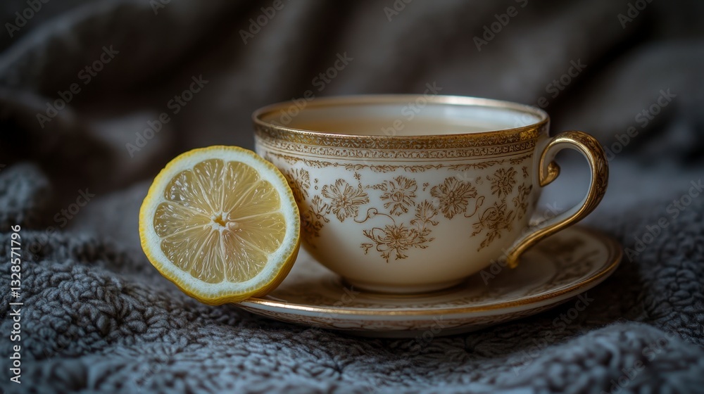 Close up of a lemon slice beside an antique teacup on a textured fabric background. Soft, warm lighting enhances the details of the gold trimmed porcelain. Close up of a lemon slice beside an antique teacup on a textured fabric background. Soft, warm lighting enhances the details of the gold trimmed porcelain.