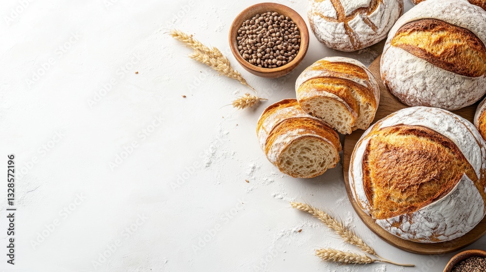 Artisan sourdough bread loaves and sliced pieces arranged on a white surface with wheat stalks and flax seeds. Golden brown crusts and airy texture are visible. High angle view. Artisan sourdough bread loaves and sliced pieces arranged on a white surface with wheat stalks and flax seeds. Golden brown crusts and airy texture are visible. High angle view.