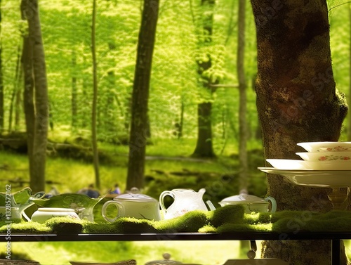 Forest tea display with antique chinaware