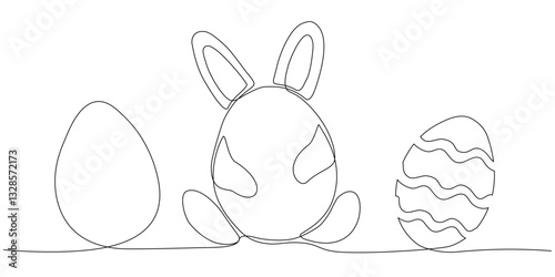 One line silhouette of easter bunny hiding among holiday eggs isolated on white background. Easter holiday design.