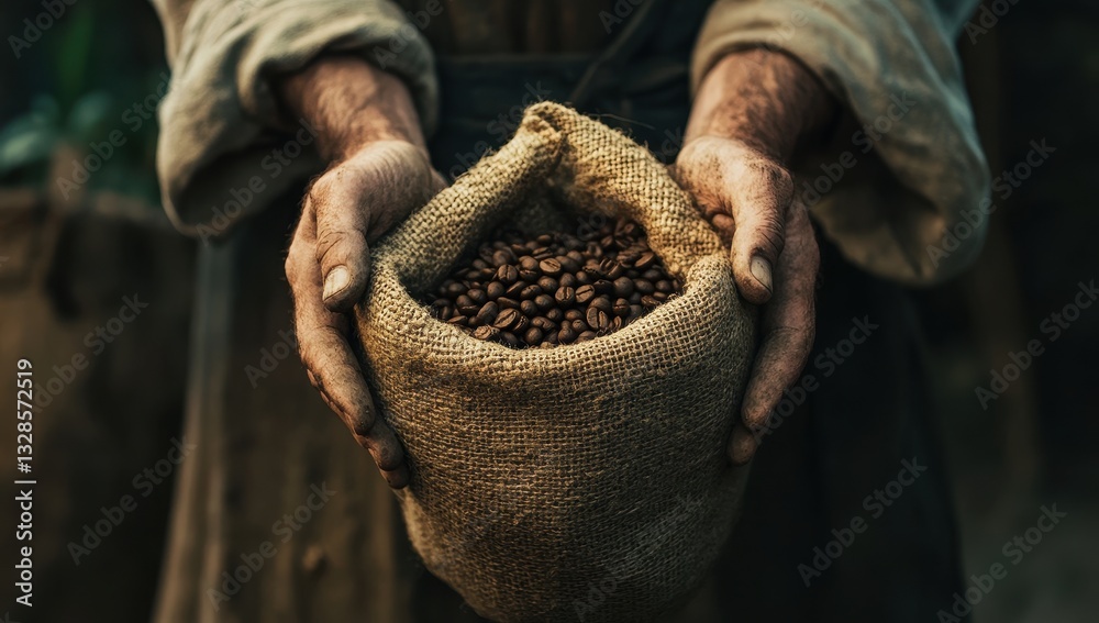 Rugged hands hold a burlap sack filled with freshly harvested coffee beans. Rugged hands hold a burlap sack filled with freshly harvested coffee beans.