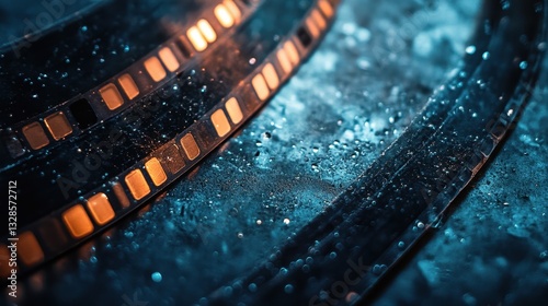 Close-up of vintage filmstrip with blue and orange lighting