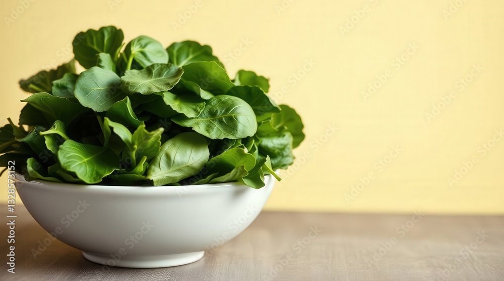 Fresh Green Leaves in a White Bowl on a Soft Yellow Background Fresh Green Leaves in a White Bowl on a Soft Yellow Background