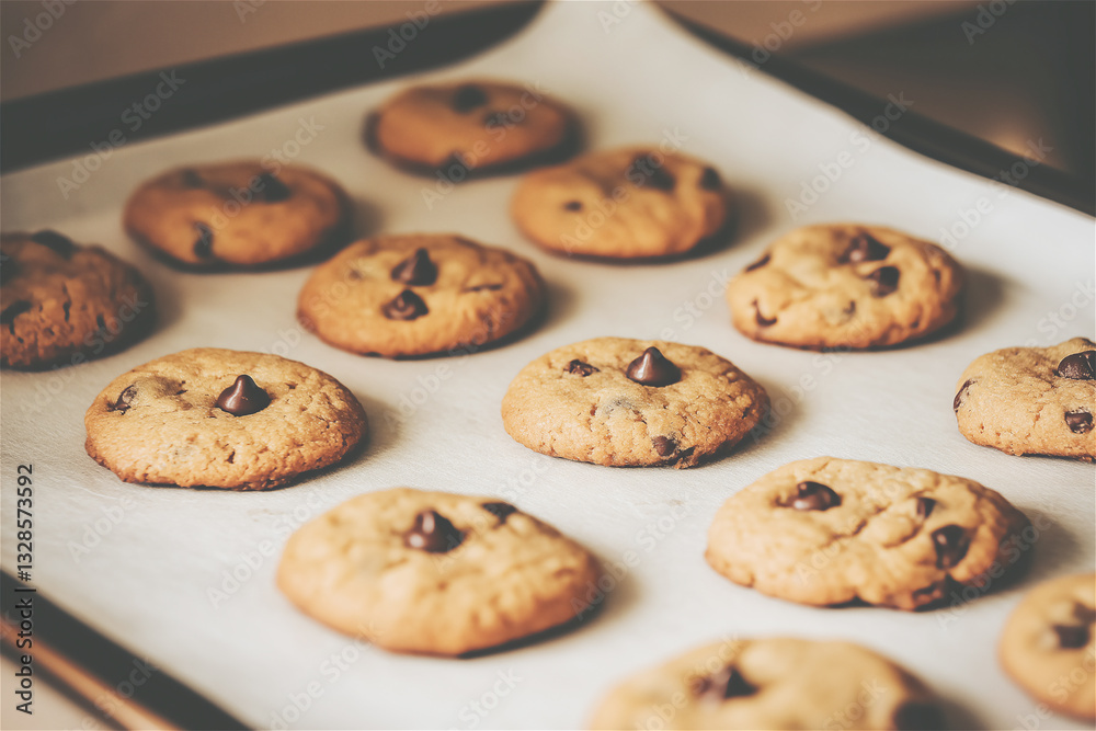 Freshly baked chocolate chip cookies on baking sheet lined with parchment paper. Golden brown homemade cookies with melted chocolate pieces still warm from the oven with space for text overlay. Freshly baked chocolate chip cookies on baking sheet lined with parchment paper. Golden brown homemade cookies with melted chocolate pieces still warm from the oven with space for text overlay.