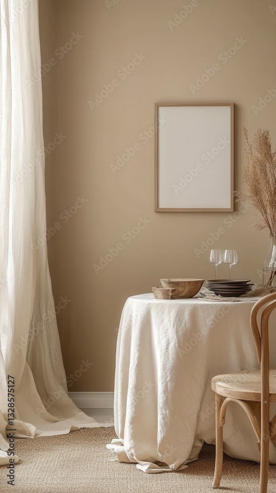 Neutral toned room interior features a round table with a textured tablecloth, setting for two, a framed artwork, and dried flowers in a vase against a beige wall. Natural light illuminates the scene.
