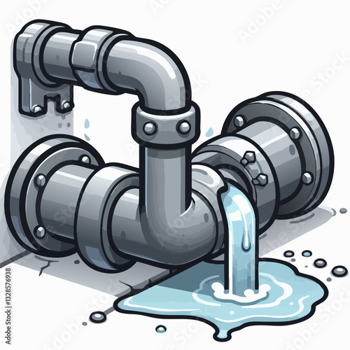 Leaking pipe with flowing water, cartoon illustration isolated on white background. Concept of economical water consumption. Vector illustration, EPS 10 version.