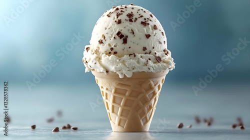 Chocolate Chip Delight: A close-up shot of a single scoop of ice cream, generously studded with dark chocolate chips, nestled perfectly within a crisp, golden waffle cone.