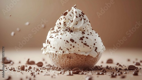 Indulgent Treat: A close-up shot of a delicious dessert, a cupcake generously topped with a swirl of whipped cream and chocolate shavings, inviting viewers to savor the sweet, airy creation. 