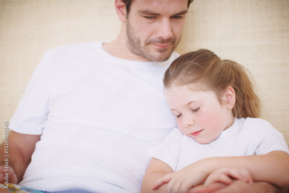 Dad, home and reading book to sleeping child, love and literature for fantasy dream in bedroom. Father, daughter and storytelling for bedtime on weekend, trust and support with resting in family bed Dad, home and reading book to sleeping child, love and literature for fantasy dream in bedroom. Father, daughter and storytelling for bedtime on weekend, trust and support with resting in family bed