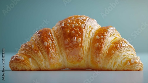 Golden Croissant Close-up: A mouthwatering, freshly baked croissant, glistening with a golden-brown crust, sits in isolation, its flaky layers promising a delightful culinary experience.