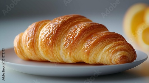 Golden Croissant: A close-up shot captures the delightful textures and appetizing golden crust of a freshly baked croissant on a clean plate. The buttery layers create a visual feast.