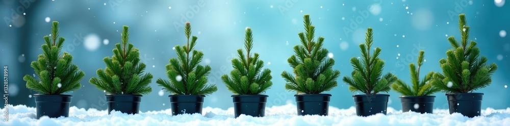 Fototapeta premium Evenly spaced fir seedlings in black pots against a blue winter sky with scattered snowflakes, plantation, winter scene, evergreen plants