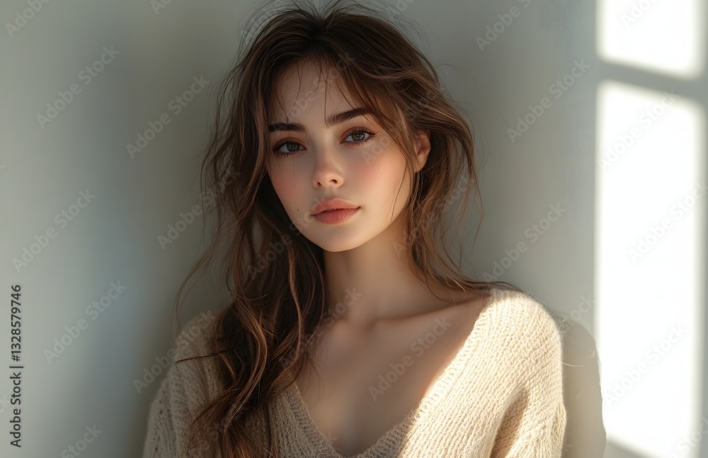 Asian woman with long hair, delicate facial features, and fair skin stands in front of a white wall Asian woman with long hair, delicate facial features, and fair skin stands in front of a white wall