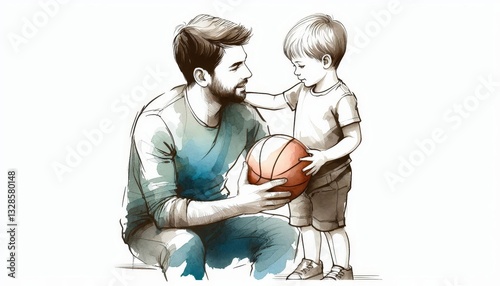 Father and son playing basketball. Watercolor illustration of dad teaching child sports. Family bonding and parenting concept
