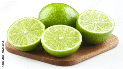 Three limes and two lime halves on a small wooden cutting board against a white background.