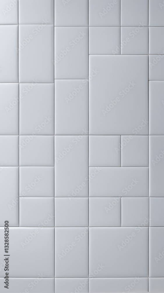 Geometric white tile wall with square and rectangular glossy panels. Modern ceramic surface for interior design, architecture, and decor Geometric white tile wall with square and rectangular glossy panels. Modern ceramic surface for interior design, architecture, and decor