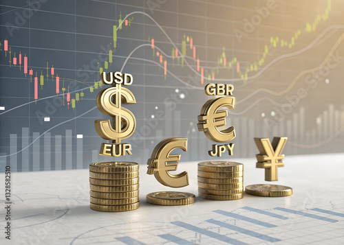 A visualization of various currencies and stacked coins representing forex trading