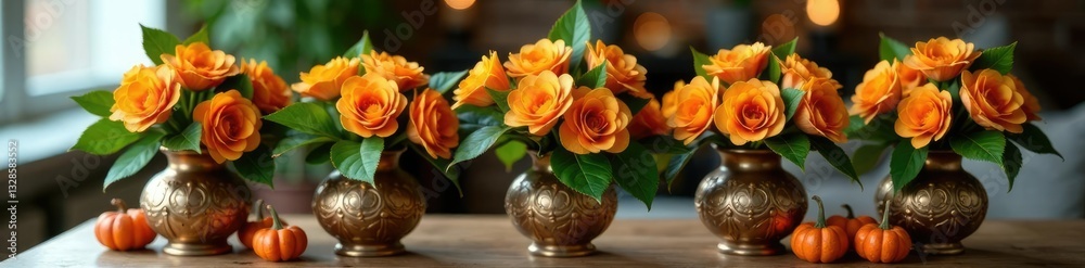 Obraz premium Ornate vases filled with orange clove arrangements and greenery, orange clove arrangements, holiday centerpieces, autumn decor
