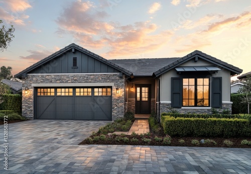 Wallpaper Mural Charming Modern Home Exterior with Stone Accents and Warm Sunset Glow in Background, Inviting Curb Appeal and Elegant Landscaping Details Torontodigital.ca