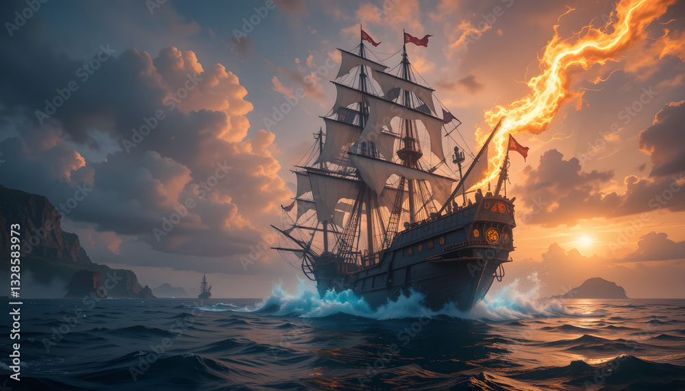 Fototapeta premium Fiery Sunset Sail: A Galleon's Epic Voyage