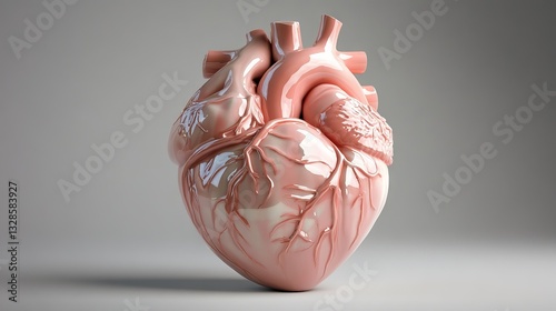 Anatomically correct heart sculpted in rose-pink porcelain, fine detailing of cardiac muscle texture and arterial pathways, subtle pearlescent finish with soft shadows, photorealistic material