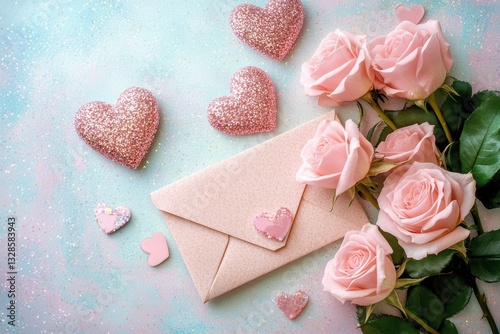 Pink roses with a love letter and glittery hearts create a romantic and dreamy scene.