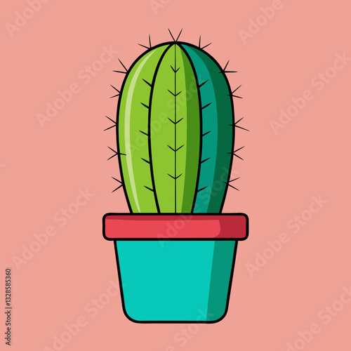Tactus Plant in Colored Pot with Outlines Decorative Cactus Art Vector Design photo